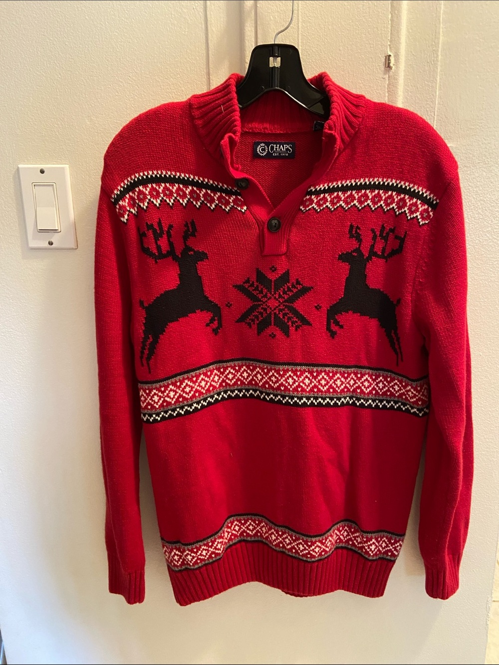 Chaps Men’s Red Holiday Reindeer Zip-Up Sweater